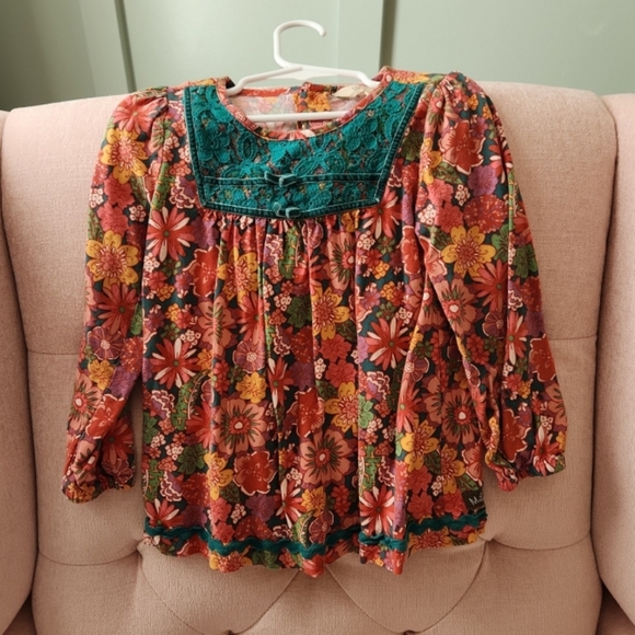 Matilda Jane Other - Matilda Jane Size 4 Or 4t Retro Boho Floral Peasant Top with Teal Lace Yoke